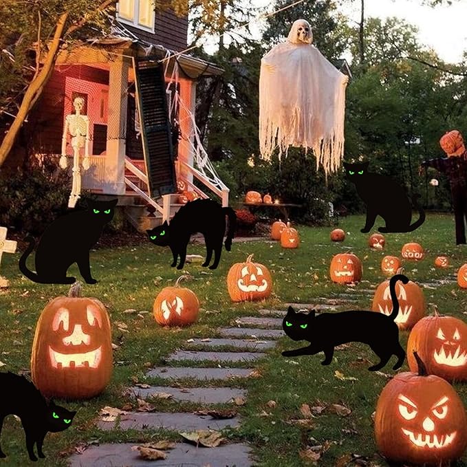 Upgraded 6 Pack Black Cat Halloween Yard Signs Outdoor with Glow in Dark Eyes，Scary Silhouette Halloween Decorations Outdoor for Pathway Graveyard Yard Garden Lawn Patio Party Supplies