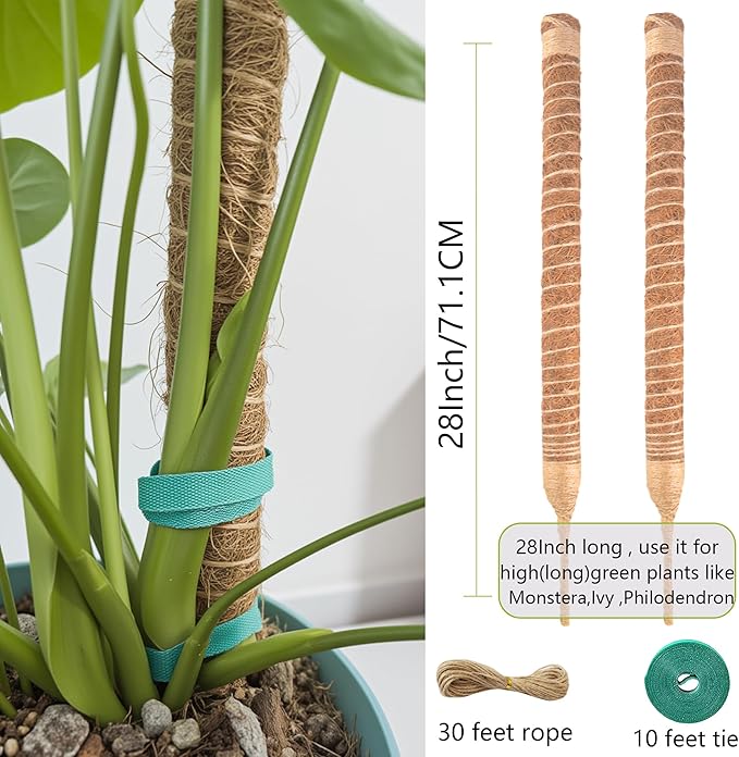 2 Pack Bendable Moss Pole 28 Inch, Monstera Plant Support Stake,Coco Coir Pole Sticks for Indoor Plants,Climbing Potted Plants，Pothos, Philodendron with Plants Ties
