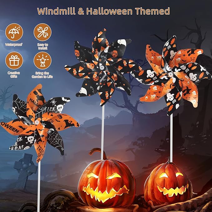 10 Pack 15.35 lnches Windmill Outdoor Halloween Decorations Applied to Lawn, Yard, Garden, Farm ，As Well As Decor Indoor Pinwheels Toy - Orange Black Wind Spinners（Candy/Ghost）