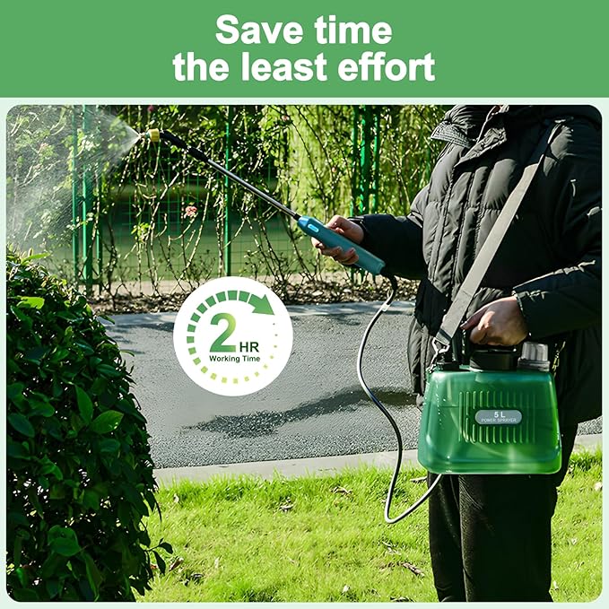 Battery Powered Garden Sprayer 1.35 Gallon, Electric Powered Sprayers, Weed Yard Lawn Sprayer with Battery Indicator, 3 Mist Nozzles, Retractable Wand & Adjustable Strap for Yard, Lawn, Garden