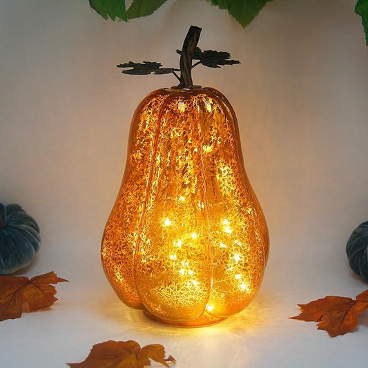Mercury Glass Pumpkin Lights with Timer, Battery Operated Led Pumpkin Lights for Halloween Fall,Thanksgiving Rustic Decor (Gold Leafy, 11")