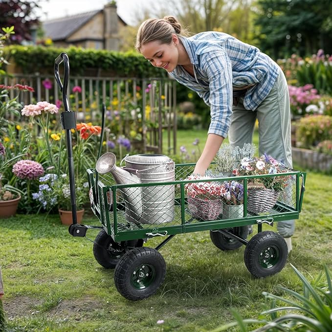 Backyard Expressions Heavy Duty 600 Lbs Capacity Mesh Steel Garden Cart Folding Utility Wagon with Removable Sides and (4) 10 Inch Wheels (Green)