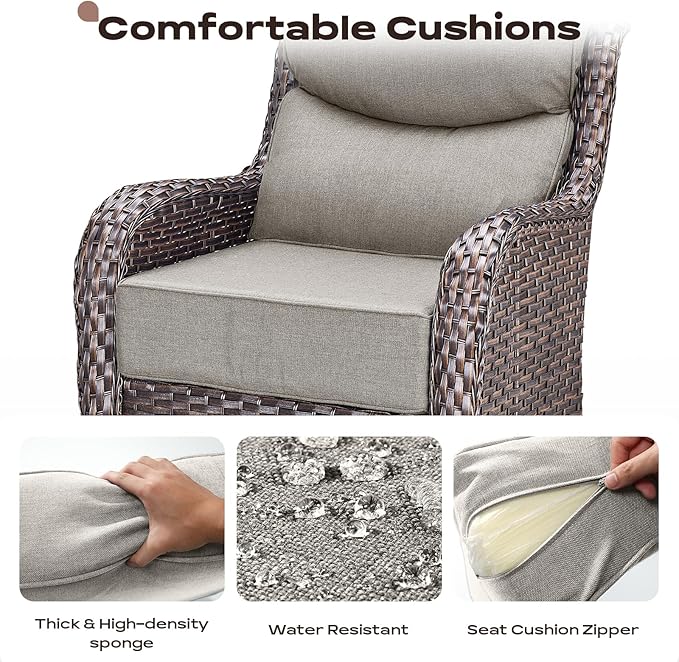 6 Piece Outdoor Patio Swivel Rocker Chairs, Waterproof Wicker, High Back, Deep Seating, Wide Armrest, Upgraded 6 inch Thick Cushions, Side Table, Ideal for Deck Porch Yard, Brown/Beige