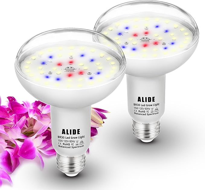 Full Spectrum BR30 Led Plant Grow Light Bulbs 15W 2000lm,E26 BR30 Floodlight Sun Plant Growing Lamp,200 Watt Equivalent,Balanced Spectrum 5000K Red Blue for Seeds Greens,Indore Garden, Hydroponic,2pcs