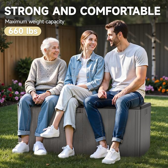 120 Gallon Deck Box, Double Layer Waterproof Resin Outdoor Indoor Storage Box, Lockable & UV Resistant Storage Bin for Patio Furniture, Garden Tools, Pool Accessories (Brown)