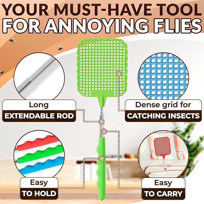 3 Pcs Fly Swatter for Indoors – 28.6" Telescoping Handle, Stainless Steel, Flexible Bug & Mosquitoes Fly Swatters, Bright Colors FlySwatter Heavy Duty for Kitchen & Home