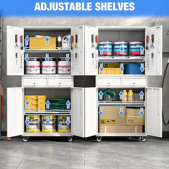 71" H Metal Garage Storage Cabinet with Wheels,Tool Storage Cabinet with Pegboard,2 Drawers and Lockable Doors for Garage, Warehouse,Home,Required Assembly,Grey and White