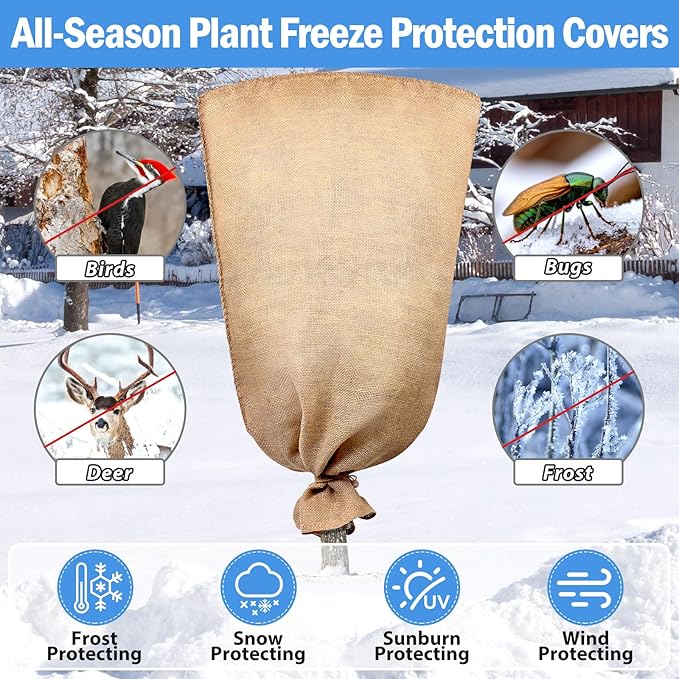 Legigo 3 Pack 45 X 70 Inch Burlap Plant Covers Freeze Protection Bags, Large Winter Plant Frost Covers with Drawstring, Reusable Tree Covers Burlap Frost Cloths Protection for Outdoor Plants Shrubs