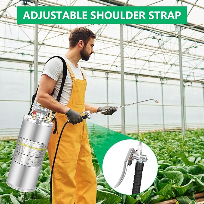 2 Gallon Stainless Steel Pump Sprayer - Hand Pump Sprayer with Pressure Gauge, Safety Valve&Adjustable Nozzle and Flat Nozzle, Garden Weed Sprayer with 20’’ Wand & 3FT Hose, Non-Corrosive Viton Seals