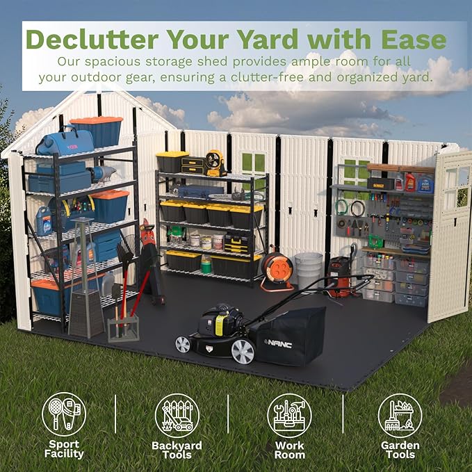 Patiowell 10x12 FT Outdoor Storage Shed with Floor and Lockable Door, All Weather Plastic Shed Garden Shed with Skylight and Multiple Windows for Backyard, Patio, Lawn, Beige