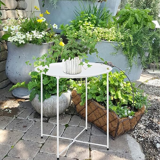 Garden 4 you End Table Metal Side Table Round Folding Tray Cyan Sofa Small Accent Fold-able Table, Round End Table Tray, Next to Sofa Table, Snack Table for Living Room and Bed Room,White