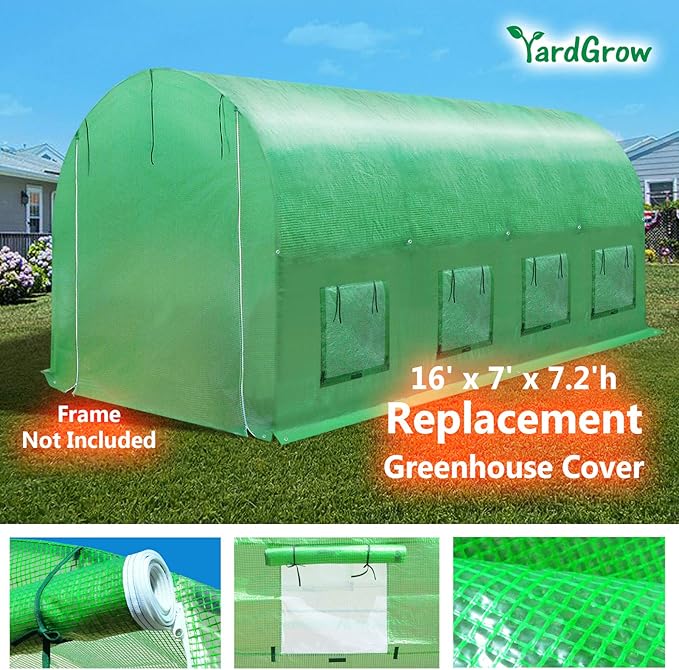 YardGrow Greenhouse Replacement Cover Larger Walk in Outdoor Plant Gardening Greenhouse (Frame Does NOT Included) (Green, 16'x7'x7')