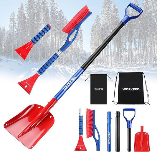 WORKPRO 3-Piece Snow Removal Kit, 47" Detachable Snow Shovel, 27" 2-in-1 Ice Scraper & Snow Brush Tool, Separate Snow Scraper for Car, Truck, Driveway, and Winter Conditions, Storage Bag Included
