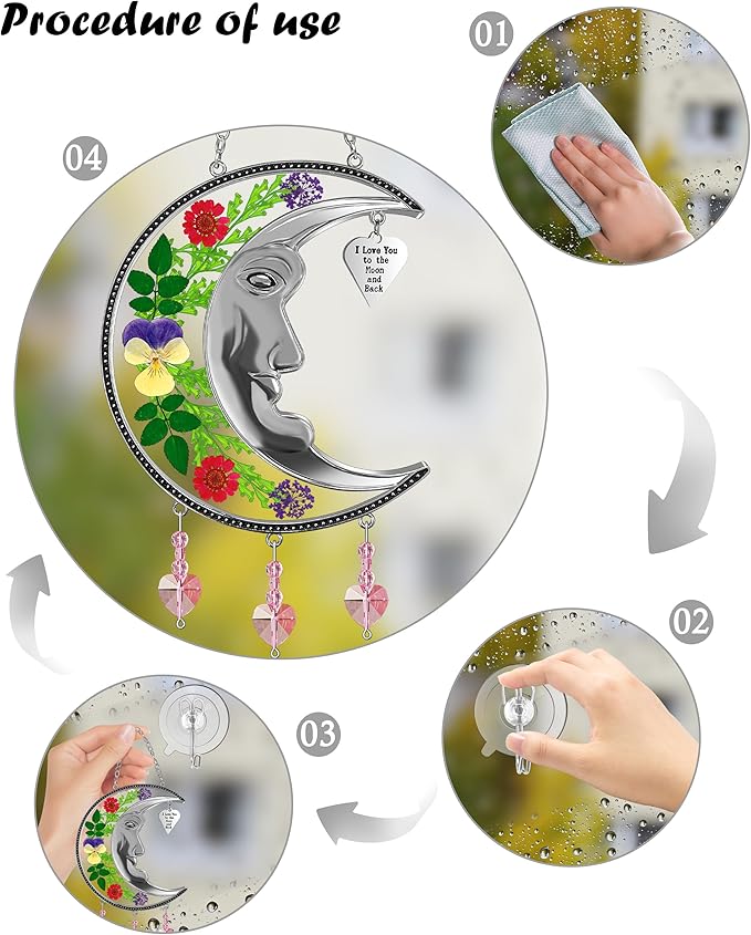 KY&BOSAM Sun Face Moon Suncatcher I Love You to The Moon and Back Stained Glass for Window Hangings Wind Chime Decor with Pressed Real Flower and Metal Charm Gift for Women Mother`s Day Christmas