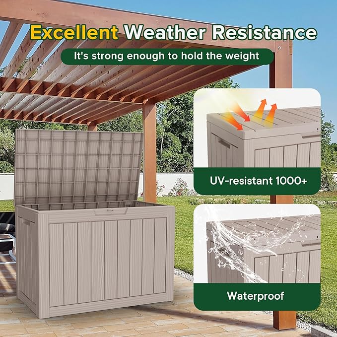 45 Gallon Waterproof Large Resin Deck Box Indoor/Outdoor Lockable Storage Container and Seating for Garden, Pool, and Patio (45 Gallon, Grey)