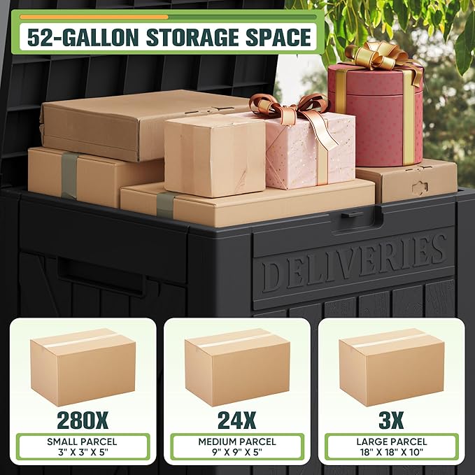 Greesum 52 Gallon Large Outdoor Package Delivery Box for Porch, Lockable Secure Double-Wall Resin Storage Box, Waterproof Deck Box for Package Protection, Black
