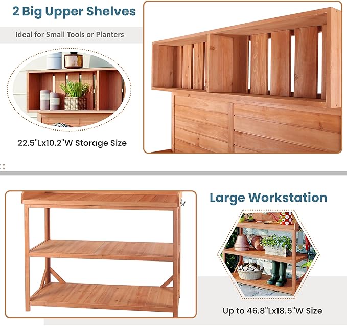 Harper & Bright Designs 65" Large Wooden Farmhouse Rustic Outdoor Potting Bench Table with 4 Storage Shelves and Side Hook, Patio Workstation, for Garden, Backyard, Natural