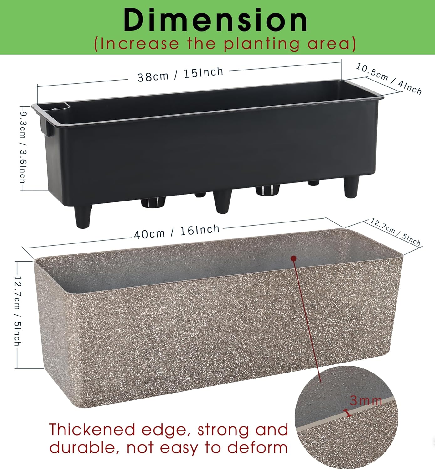 GardenBasix Elongated Self Watering Planter Pots 2-Pack Window Box 5.5 x 16 inch Indoor Home Garden Modern Decorative Pot for All House Plants Flowers Herbs (Coffee,2)