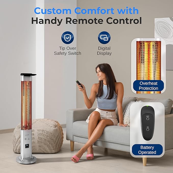 SereneLife Outdoor Electric Patio Heater - 900W Infrared Heater with Remote, Aluminum Reflector, Waterproof Design, IP65 Approved, Quiet Operation, Standing Porch Heater for Patio & Backyard