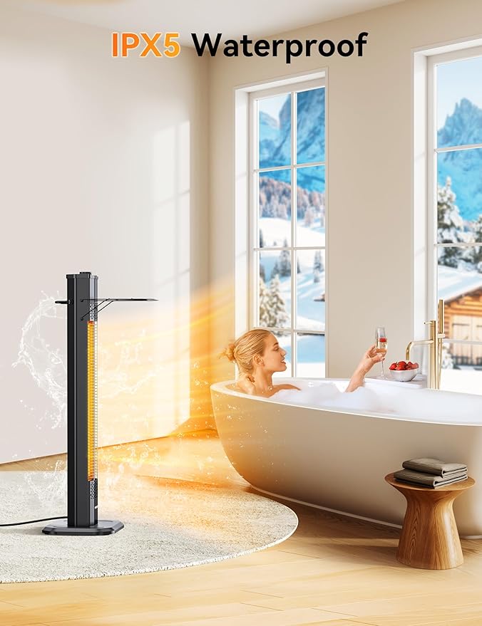 VAGKRI 36" Outdoor Infrared Heater, 1500W Space Heater with 3 Heat Levels, Tip-Over & Overheat Protection, IPX5 Waterproof Tower Electric Patio Heater for Backyard, Garage, Restaurant, Home