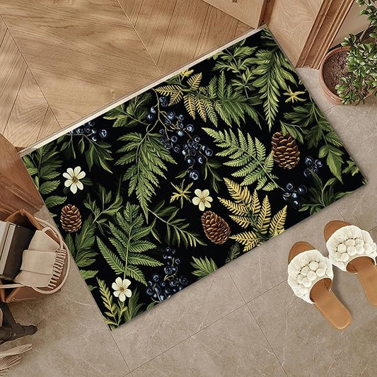 Green Herb Leaves Indoor Outdoor Rugs,Forest Berries Pine Cones Doormat Outside Entrance,Non-Slip Welcome Mat Indoor Felt Floor Mat for Back Door Patio, Porch,Home Entryway,30 x 17 Inch