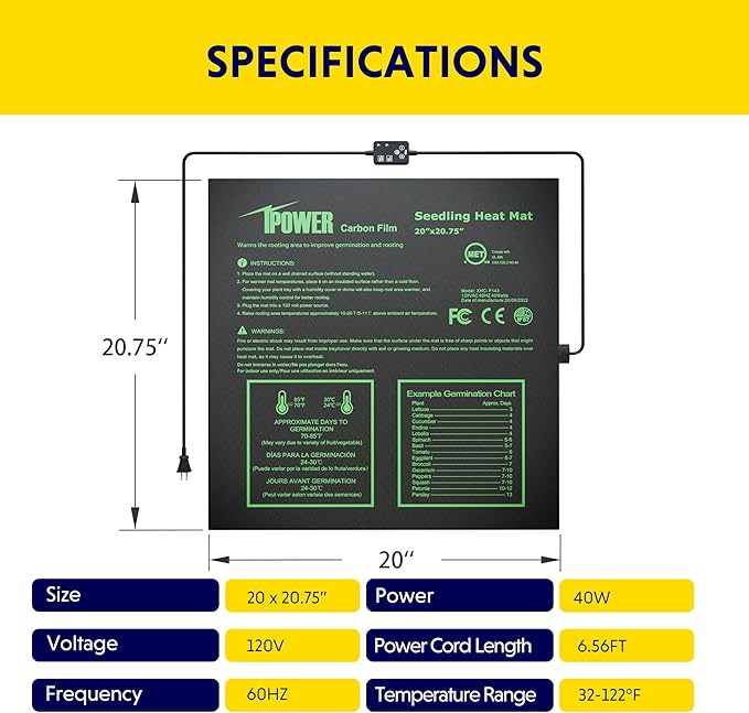 iPower 20"x20.75" Seedling Heat Mat with Built-in Temperature Controller, MET Certified Waterproof Plant Heating Pad, for Germination, Breeding, Brewing