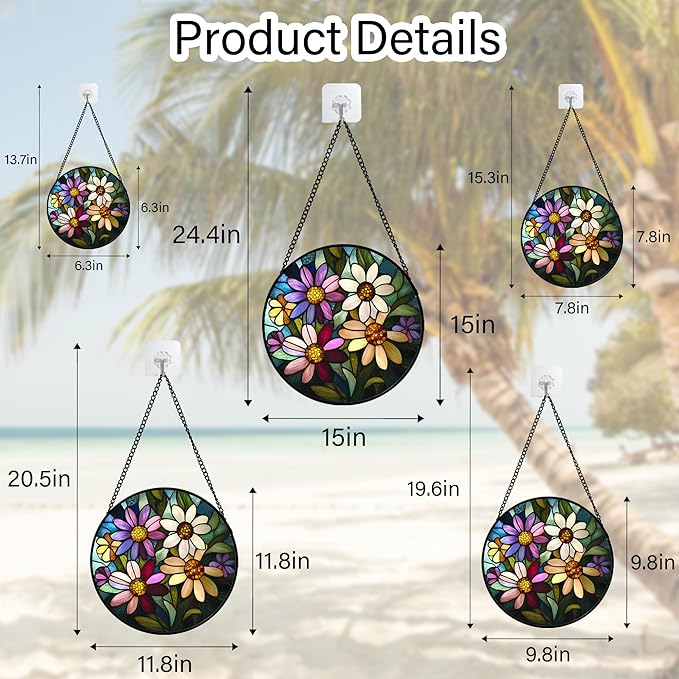 Stained Glass Window Hanging - Colorful Daisies Suncatcher for Door Garden Patio Retro Flower Sun Catchers Decor Christmas Mother's Day Birthday Gifts for Women Mom Nana Aunt Friend 11.8 in