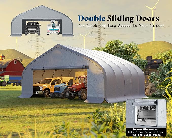 AMERLIFE 22.5 x 20FT Heavy Duty Double Carport, Galvanized Steel Frame Garage Shelter,Outdoor Storage, Waterproof 3-Layer PE Cover, Fits 2 Cars, Boat, Farm Equipment, Silver Grey