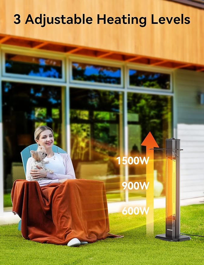 VAGKRI 36" Outdoor Infrared Heater, 1500W Space Heater with 3 Heat Levels, Tip-Over & Overheat Protection, IPX5 Waterproof Tower Electric Patio Heater for Backyard, Garage, Restaurant, Home