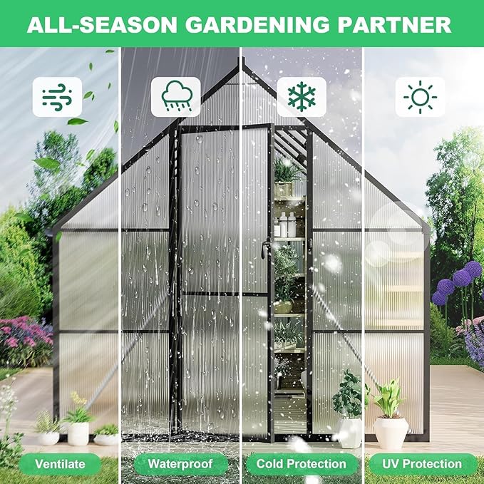 Greenhouse 8x14 FT Aluminum-Framed Heavy Duty Polycarbonate with Quick Setup Structure and Roof Vent Large Enhanced Outdoors Green House Kit