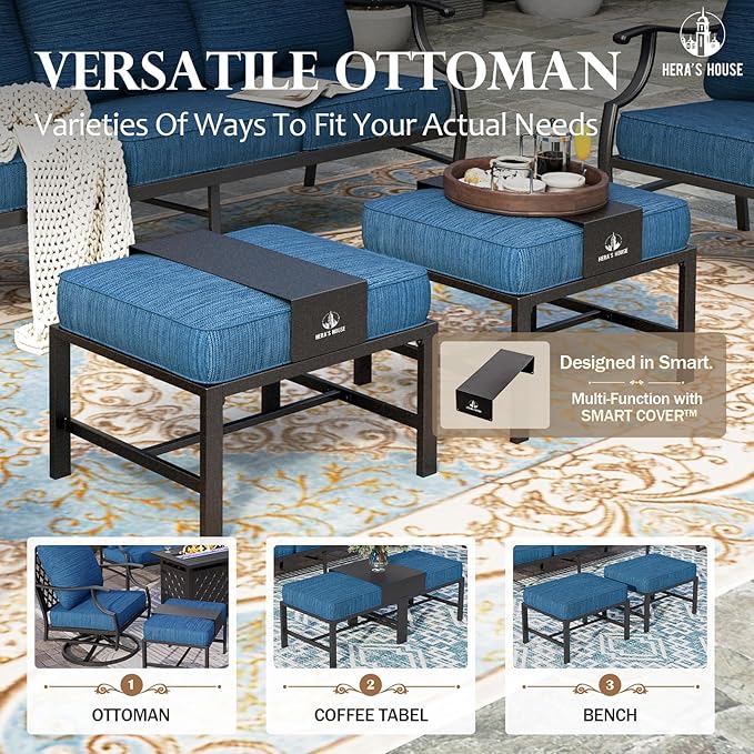 HERA'S HOUSE 7 Piece Patio Furniture Set, 2 x Swivel Chair, 2 x Leg Chair, 2 x Ottoman, 1 x 3-Seat Sofa, All Cushioned 9 Seats Metal Outdoor Conversation Set for Lawn Garden Backyard