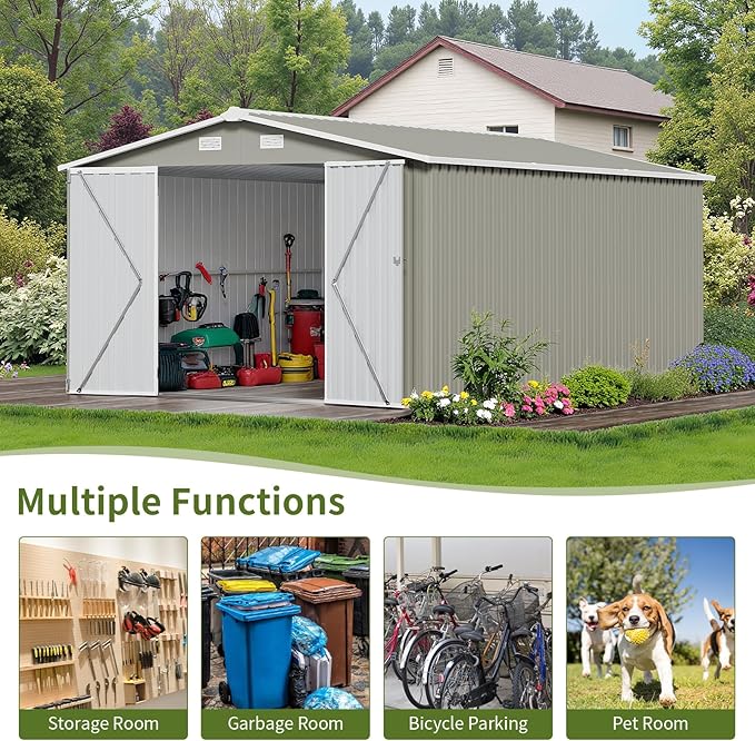 10×14 FT Outdoor Storage Shed, Light Grey Workshop Shed with 3 Lockable Doors & 4 Vents for Backyard, Patio, Lawn, Garden Tool & Lawn Mower Storage - Ideal for Homeowners, Gardeners & DIYers