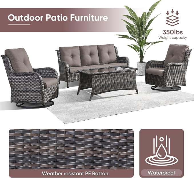 Patio Furniture 4 Piece, All-Weather PE Wicker Outdoor Furniture Set with Coffee Table,Outdoor Patio Furniture with Swivel Rocker Chairs and Outdoor Sofa, Grey/Beige