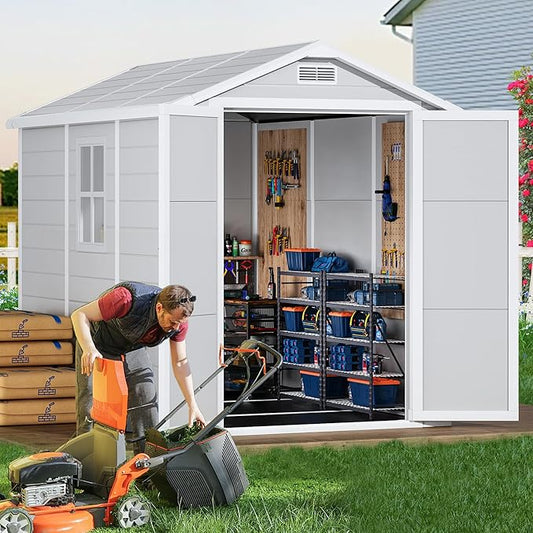 8.7x5.5 FT Resin Outdoor Storage Shed with Floor, Weather-Resistant Plastic Garden Shed with Windows, Lockable Door and Vents, Outside Tool Storage Sheds for Backyard, Garden, Patio, Lawn, Grey