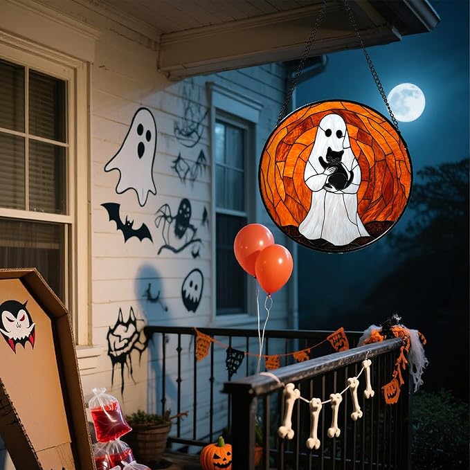 Stained Glass Window Hanging - Halloween Cute White Ghost Black Cat Suncatcher for Doors Garden Home Spooky Orange Sun Catchers Gothic Decor Horror Gift for Women Men Friend Boy Girl 11.8 in