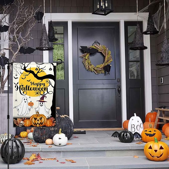ChloropLastid Happy Halloween Ghost Garden Flag Double Sided 12x18 Inch Halloween Pumpkin Holiday Outside Outdoor Decorations Burlap Yard Flag