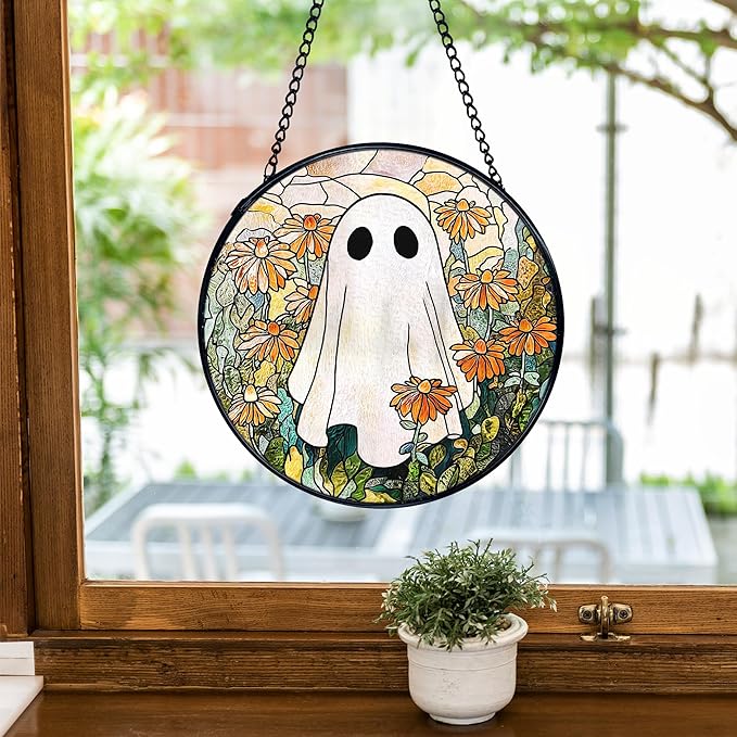 TNUW Halloween Ghost Stained Glass Window Hanging, Ghost Flower Sun Catchers Indoor Window Glass Round Wall Art Decor, Halloween Floral Wall Hanging Decorations, 7.9＂x7.9＂