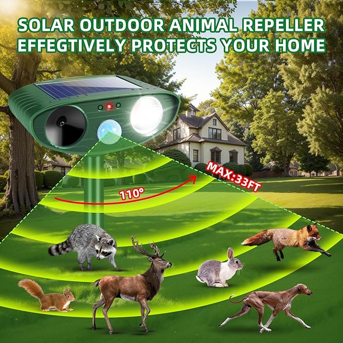 4Pack Solar Ultrasonic Animal Repellent Outdoor Deer Repellent Devices with Motion Detection&Flash Light Squirrel Rabbit Dog Cat Deterrent,Keep Rodent Chipmunk Raccoon Away for Yard Garden Lawn 2025