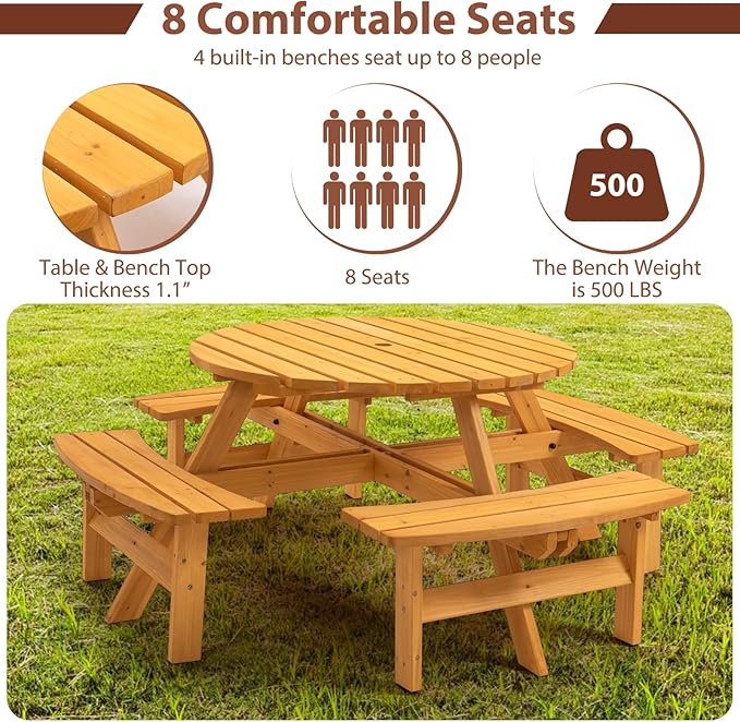 8-Person Round Wooden Picnic Table with Seat, Outdoor Camping Dining Table with 4 Built-in Benches, Natural