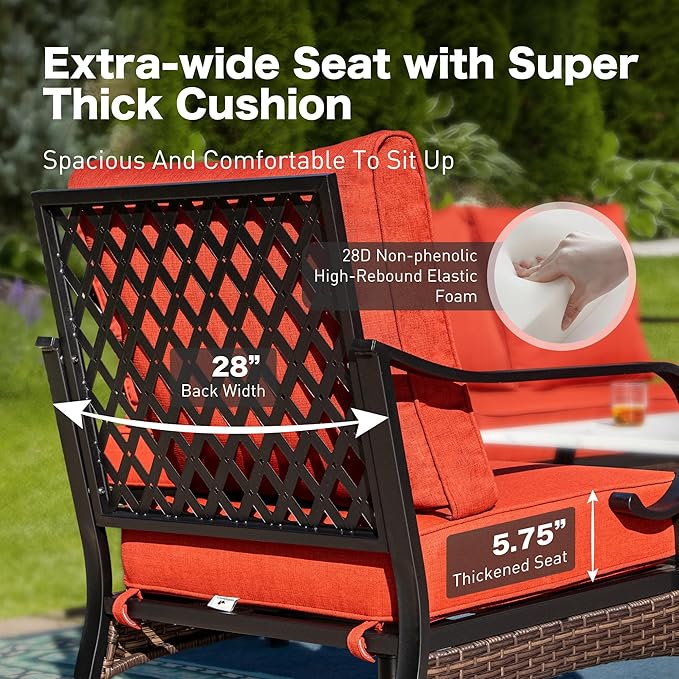 4 Piece Black Metal Outdoor Patio Furniture Sets with Firepit Table, Patio Conversation Sets 1 3-Seater Sofa, 2 Swivel Sofa with 5.75" Thick Cushion Backyard Furniture for Deck, Red