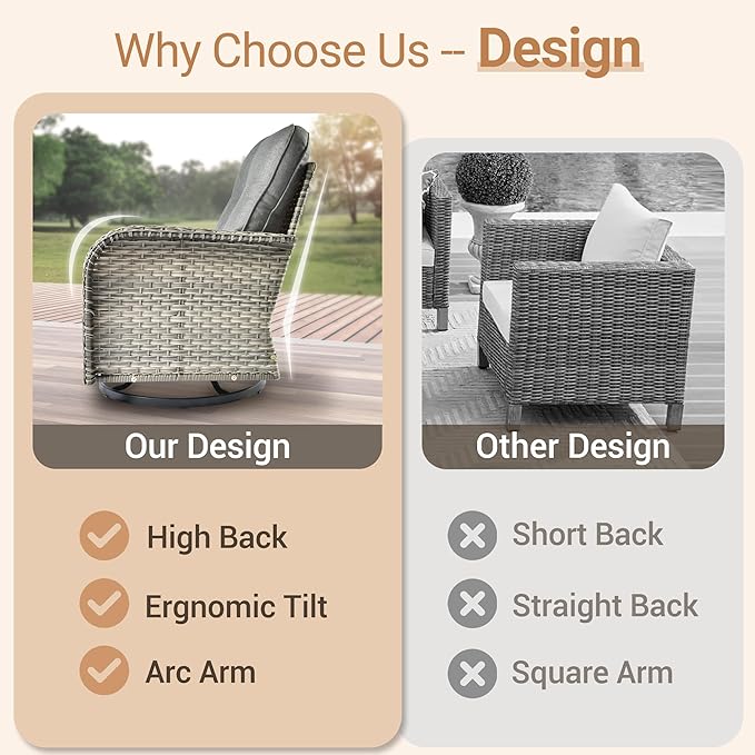 HOOOWOOO Outdoor Patio Bistro Set,3 Pieces Wicker Out Door Swivel Rocking Chair with Matching Side Table,Patio Furniture Sets,Charcoal Gray