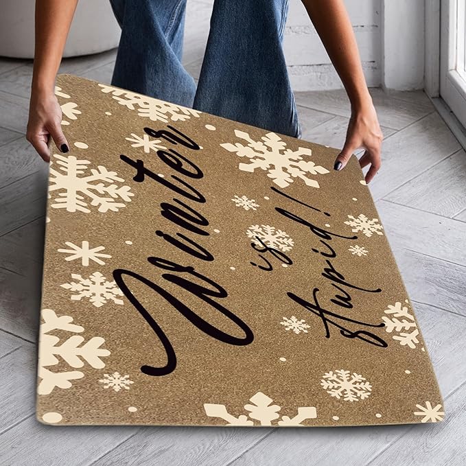 Funny Winter Faux Coir Door Mats Outdoor, Holiday Winter Christmas Door Mat for Home Outside Entryway, Christmas Snowflake Welcome Doormat for Indoor Outdoor Porch Entrance, 17x30 Inch