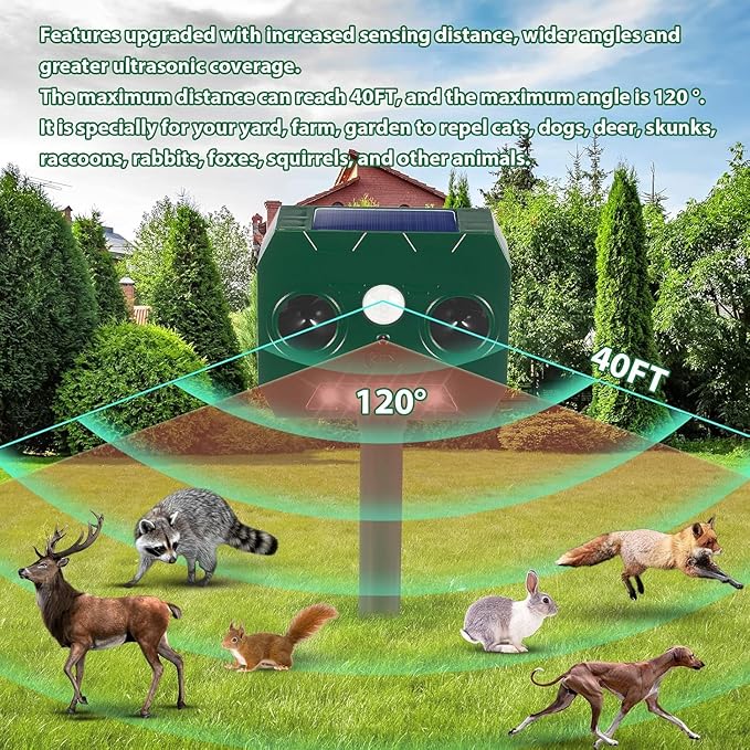 2025 Racoon Squirrel Sonic Fortress Pro Rabbit Repellent Outdoor, Solar Ultrasonic Animal Repeller Deer Deterrent with Motion Sensor&Flash Light to Scare Cat Dog Skunk Out of Garden Farm Yard(4Pack)