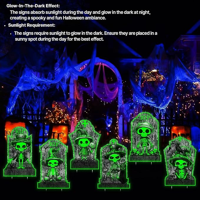 6pcs Glow in The Dark Halloween Tombstones Decor Outdoor or Indoor: 11x16.53, Skeletons, Black Cat, Crow, Waterproof Scary Light Up Gravestones for Home, Party, Cemetery Halloween Decor