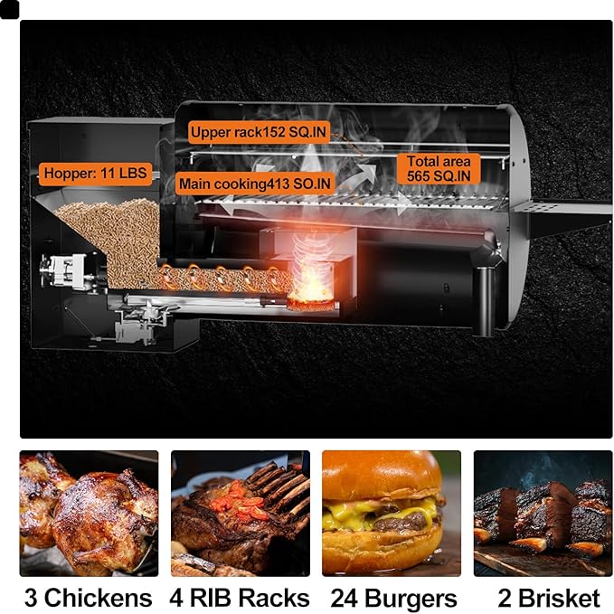Electric Pellet Smoker Grill 565 SQ.IN Cook Area Pellet Smoker with Auto Feed & PID Controller 500°F Max Temperature 8 in 1 BBQ Grill with Meat Probe & Side Table with Hooks Perfect for Outdoor BBQ