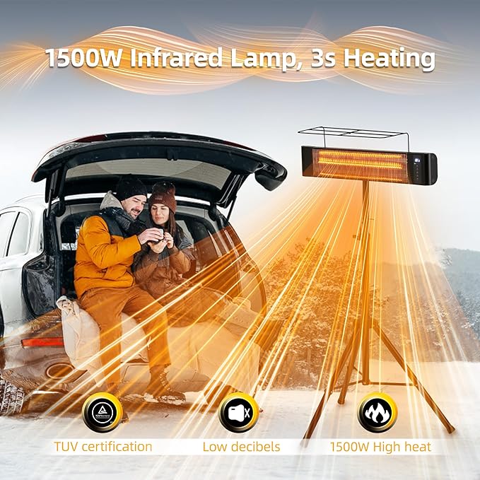 Outdoor Electric Heater For Patio Use RealSmart 1500W Portable Outdoor/Indoor Heaters 3 Heat Modes Wall Mounted Ceiling Tripod Heater Waterproof IP65 TUV Certification for Restaurant Garage Greenhouse