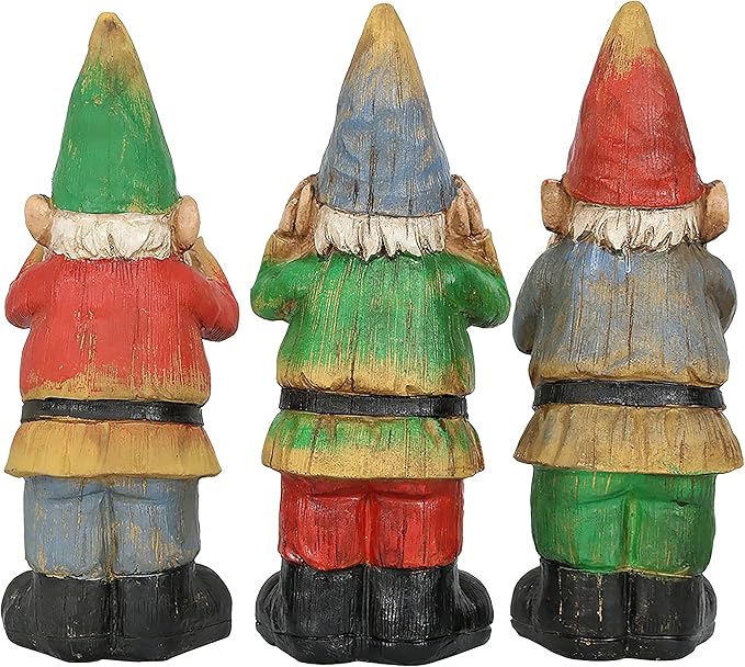Sunnydaze Three Wise Garden Gnomes - Hear, Speak, and See No Evil Set - Outdoor Lawn Statues