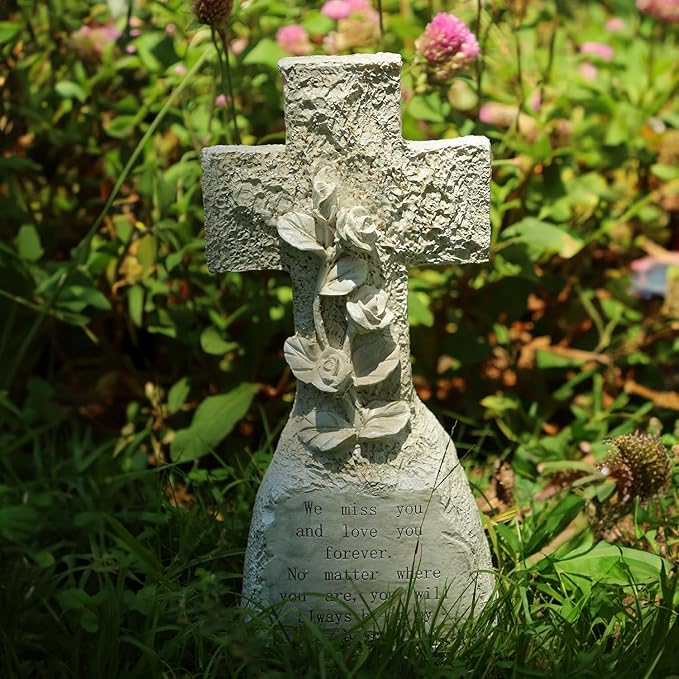 bocola Elegant Memorial Resin Cross with 3D Roses - Honor Your Loved Ones with Grace and Beauty Suitable for Cemetery Grave Indoor Memorial Decoration