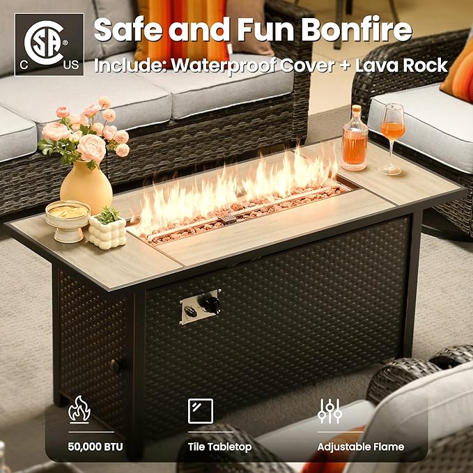 ovios 10 Pieces Patio Furniture Set, Outdoor Wicker Sofa Couch with Rocking Swivel Chairs Solar Lights Table Fire Pit, Modern Deep Seat Rattan Conversation Sets, Grey