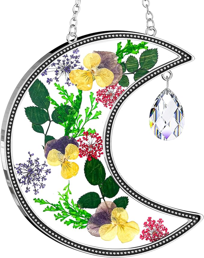 KY&BOSAM Crystal Moon Suncatchers Gifts for Mom Family Friends Stained Glass for Windows Wind Chimes Real Flower Colorful Crystal Outdoor for Garden Indoor Home Trees Patio Yard Porch Decor